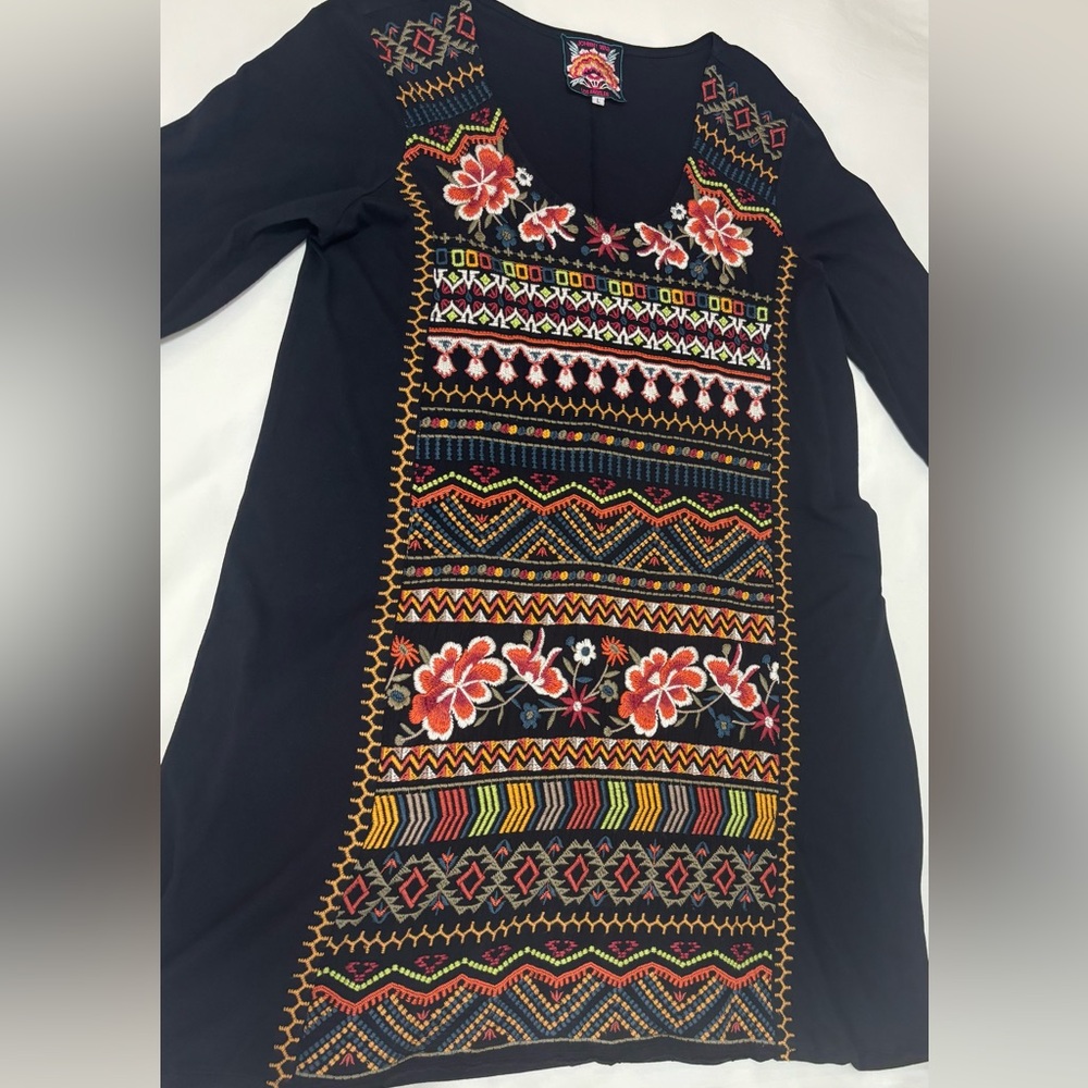 Johnny Was Los Angeles Women's Black Floral Embroidered Tunic Bohemian Dress, L - Picture 7 of 16